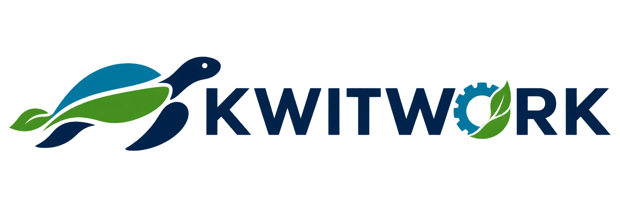 KWITWORK Turtle logo and wordmark with a leaf-shaped gear as the O