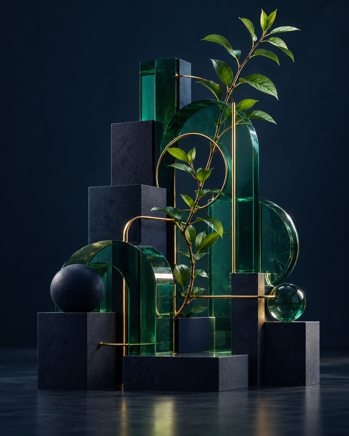 Conceptual sculpture of connected glass structures with a living green branch growing through them.